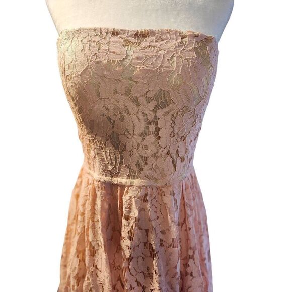 Vintage Peach Pink Prom Strapless Tea Length Dress Lace Toole 80s does 50s - Picture 3 of 6